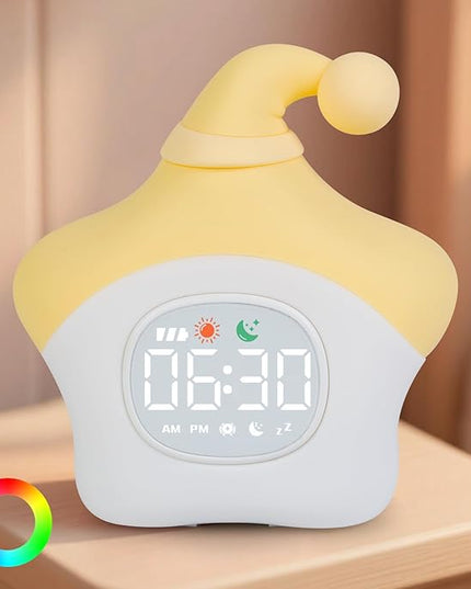 Star Alarm Clock with Night Light for Kids with Sleep Training and Sound Machine, Rechargeable Silicone Lamp OK to Wake Clock，Cute Animal Tabletop Lamp, Perfect Sleep Companion for Boys Girls, Yellow