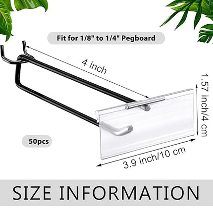 Tandefio 50 Pack 4 Inch Black Metal Peg Board Hooks with Clear Plastic Label Holder Stainless Steel Display Pegboard Hooks for 1/8'' to 1/4'' Pegboard Wall for Garage Storage Retail Shop Supplies