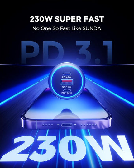 SUNDA 230W USB C Fast Car Charger, 3-Ports Car Charger Adapter, Dual Type C PD140W/PPS63W Compatible with iPhone17/16Pro/Max/iPhone15/Laptop/Galaxy/SamsungS25, USB-A 45W QC3.0 for Android