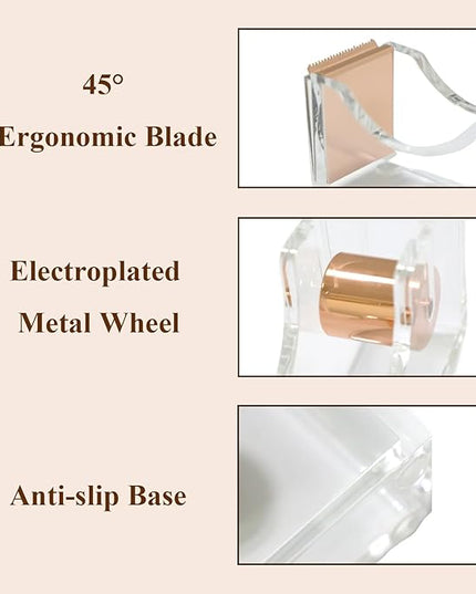 Gold Tape Dispenser, Clear Acrylic Desk Tape dispensers with Serrated Metal Edge, Modern Aesthetic Office & Craft Tape Organizer for Gift Wrapping, 1 Inch Core, Non-Slip Weighted Base