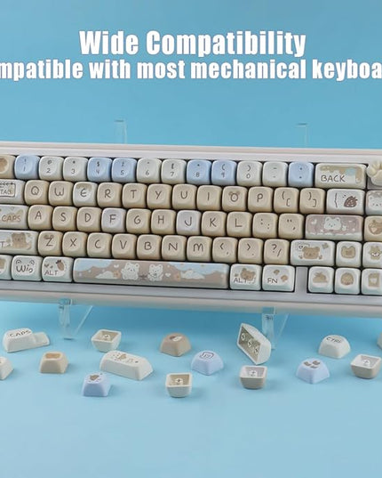 Sunzit MOA Keycaps,132 Keys Milk Tea Bear Custom PBT Keycaps, Dye-Sublimation Key caps Keyboard Keycap Set for MX Switches Mechanical Keyboard