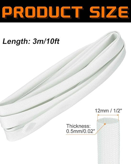 MECCANIXITY 10ft Braided Cable Sleeve, 1/2" ID 200C High Temperature 1500V Fiberglass Wire Insulation Cord Protector Organizer Wires Management for Motor Engine Fuel Line, White