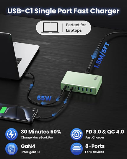 200W USB C Charger Block,GaN IV Charging Station 8 Ports,QC4.0 Fast Charging Station Hub+PD 65W USB C Laptop Charger Adapter Compatible with MacBook Air/Pro,DELL,iPhone 17/16/15,iPad,Steam Deck-Green
