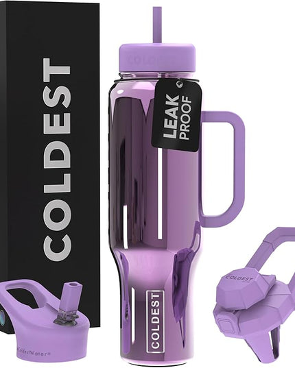 Coldest Tumbler with Handle and Straw, 100% Spill Proof Tumbler with Straw (3 Lids), Stainless Steel Insulated Leakproof Tumblers for Women Men, Cup Holder Friendly, 46 oz (Violet Astra Reflections)