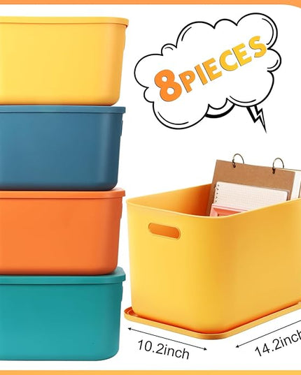 Hoolerry 8 Pieces Colorful Storage Bins with Lid, Plastic Storage Basket Organizing Container Stackable Box with Handle for Shelves Desktop Playroom Office(14.2 x 10.2 x 9.5 Inch,Multi-colored)