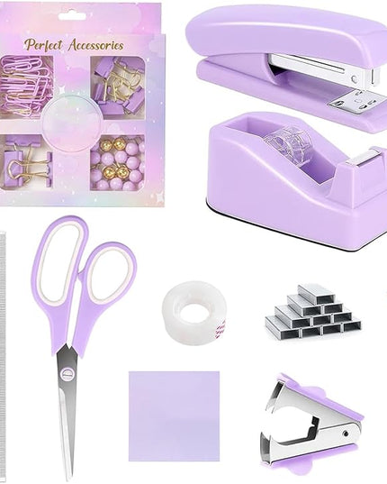 suniya Office Supplies,Desk Accessories,Tape Holder,Stapler,Scissor,Staple Remover,Box of Binder Clips,Staples,Ballpoint Pen,Sticky Notes,Clear Tape,Ruler,Office Supplies Set Purple