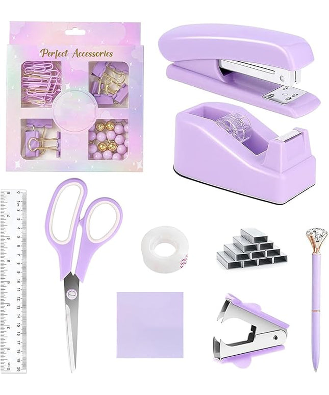 suniya Office Supplies,Desk Accessories,Tape Holder,Stapler,Scissor,Staple Remover,Box of Binder Clips,Staples,Ballpoint Pen,Sticky Notes,Clear Tape,Ruler,Office Supplies Set Purple