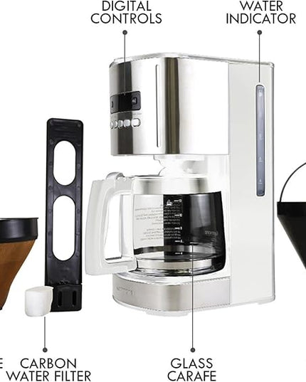 Kenmore drip Coffee Maker - 12 Cup programmable cafe machine with glass pot, regular & bold brew, auto shut off large water reservoir, reusable filter, kitchen appliances for cafeteria barista, White