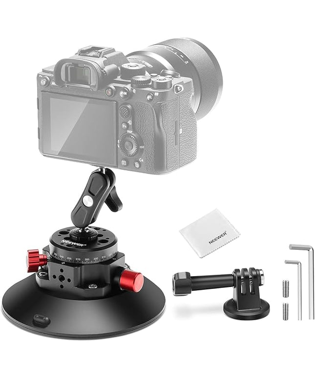 NEEWER 6" Suction Cup Camera Mount Compatible with GoPro, Metal Car Windshield Dash Ball Head Magic Arm with Action Cam Adapter Cleaning Cloth for DSLR Phone Holder, for POV Video Recording, CA013