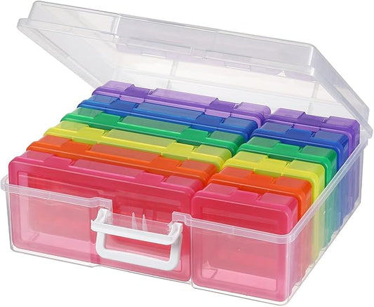 novelinks Stackable Clear Plastic Storage Boxes with Latching Lids – 12 Pack (6 Medium + 6 Small) Art Supply Organizers for Crayons, Pencils, Beads, Jewelry & Crafts (Colorful)