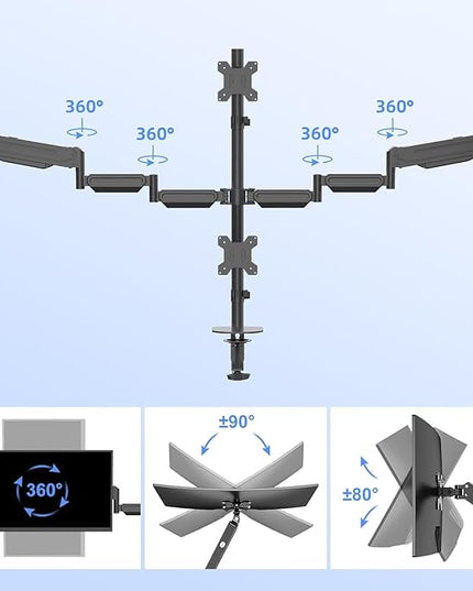 Pholiten Quad 4 Monitor Arm Desk Mount for Max 32 inch Screens, Gas Spring Adjustment Monitor Stand with VESA 75x75mm, 100x100 mm, Clamp & Grommet Install Black MD18864