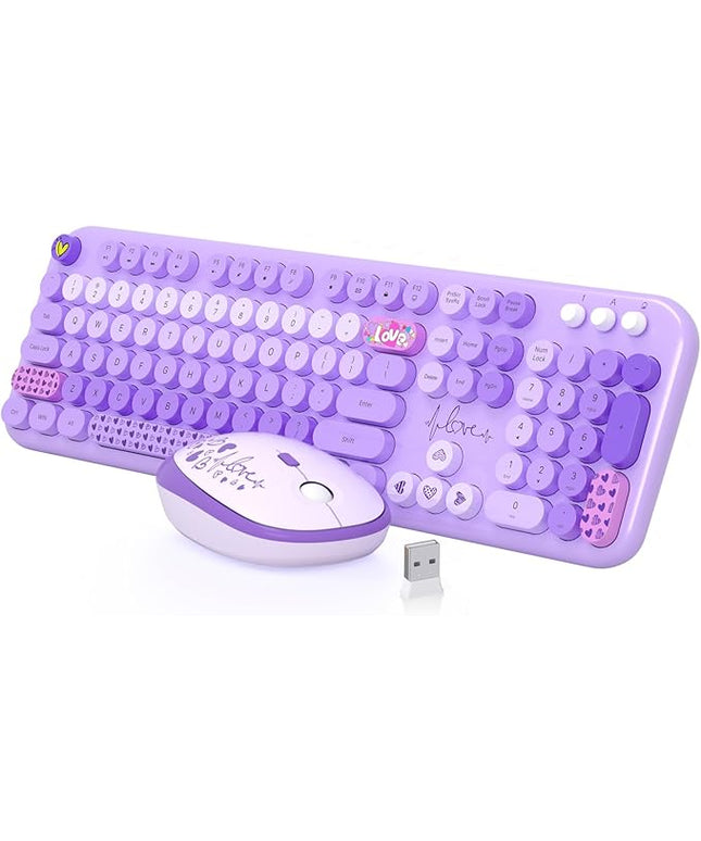 MOFII Keyboard and Mouse Wireless, 104 Round Keys Lovely Full-Size Cute Colorful Keyboard and Mouse with Retro Typewriter for PC/Mac/Laptop/Tablet/Computer/Windows Purple