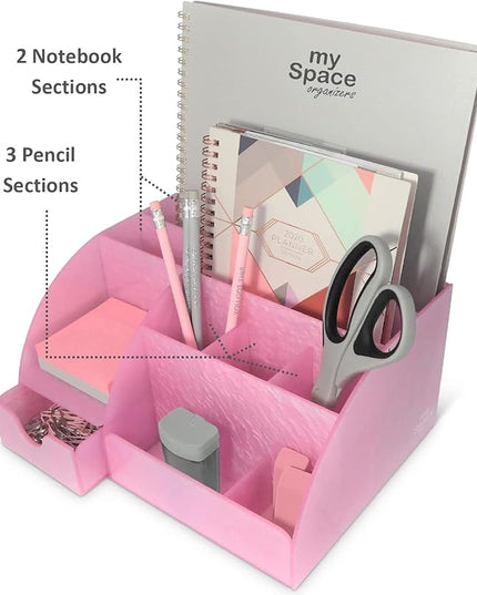 Pink Desk Organizer Office, Acrylic, with Drawer, 9 Compartments, Supplies and Cool Desk Accessories Organizer, Desktop Pen Holder (Pink)