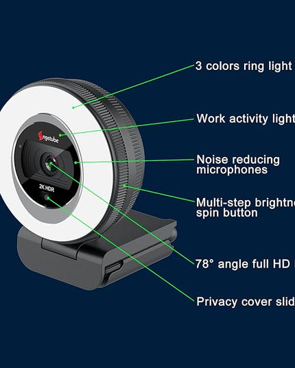 Angetube Webcam, 2K Streaming Webcam with Ring Light, HDR Laptop Camera with Remote, Dual Stereo Microphone and Privacy Cover, Auto Focus 5X Zoom in, Computer Camera for Zoom/Skype/Teams/Webex