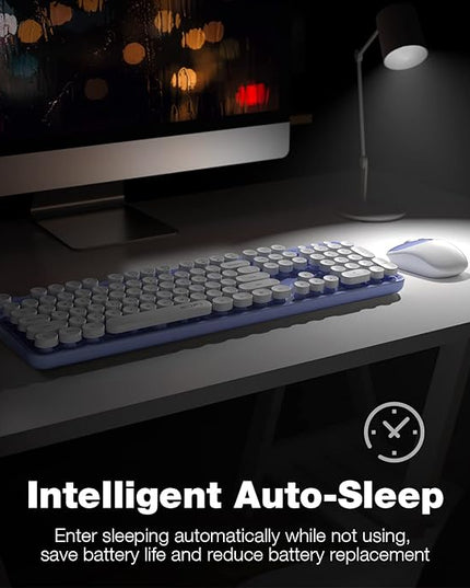 MOFII Wireless Keyboard and Mouse Combo, Computer Full Size 2.4G Plug and Play Wireless Typewriter Retro Round Keyboard and Mouse Set for Windows, Computer, Desktop, PC, Notebook - (Light Purple)
