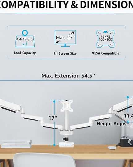 MOUNTUP Triple Monitor Stand Mount - 3 Monitors Desk Mount for Computer Screens Up to 27 inch, Triple Monitor Arm, Heavy Duty Monitors Stand, Each Arm Holds 4.4-19.8 lbs, White