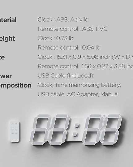 mooas 3D LED Clock, Multi-Function LED Clock (Calendar, Alarm, Temperature) (15.3" Big Plus White Wall Clock with Remote Control)