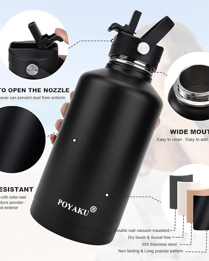 Water Bottle Insulated 32oz 40oz 64oz 128oz Straw Lid Spout Lid & 3 Lids, Leak Proof, Vacuum Insulated,Stainless Steel Water Bottle Wide Mouth for Sports, Gym or Office