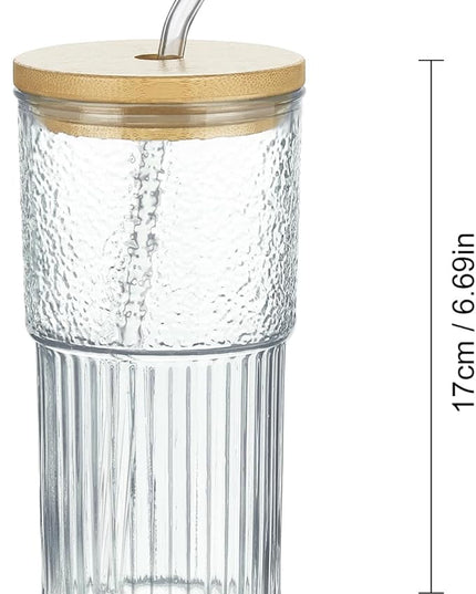 Joeyan 24 oz Clear Glass Tumbler with Straw and Bamboo Lid,Ribbed Large Glasses Cups for Iced Tea Coffee Smoothie Water Juice Beverages Soda,Thickened Drinking Jar,Set of 2,Dishwasher Safe