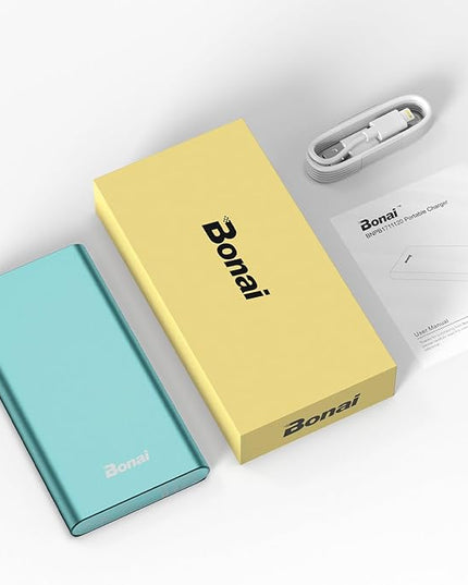 BONAI Portable Charger 12,000mAh 5V/3A Fast Charging Power Bank, Dural Input & Output Ports (USB-C in & Out) Portable Phone Charger for iPhone 17/16/15/14/13/12 Series Galxy Android iPad etc - Mint