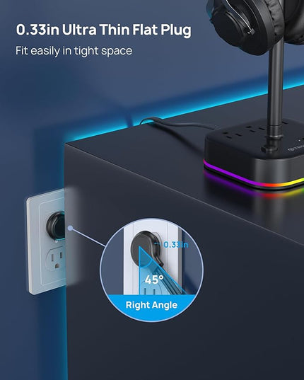 TROND Headphone Stand with USB C, Desk Gaming Headset Holder with 3 AC Outlets, 2 USB-A and 1 USB-C, Headset Stand with 5 RGB Light Modes, for Gaming Desk Accessories Gamer Boyfriend Gifts
