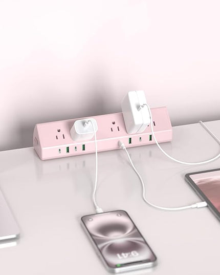 Jgstkcity Desk Clamp Power Strip, 45W Fast Charging Station,4 USB-C, 4 USB-A,1200J Surge Protector,ETL Listed,1875W Extension Cord,Multiple Outlets for Home, Office (Pink, 6 FT Cable)