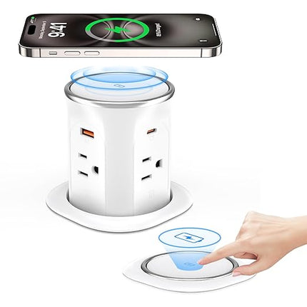 ANNQUAN Motorized Pop Up Countertop Receptacle with 15W Wireless Charger,Max 20W Power Delivery,3.15" Automatic Pop Up Electrical Outlet with 4 Outlets 4 USB Ports for Home Office Kitchen White