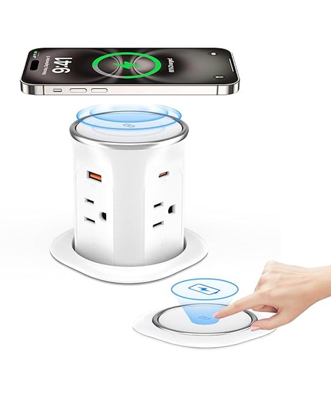ANNQUAN Motorized Pop Up Countertop Receptacle with 15W Wireless Charger,Max 20W Power Delivery,3.15" Automatic Pop Up Outlet,4 Outlets,4 USB 3FT Cord White