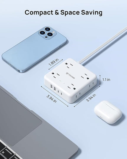 TROND 360° Rotating Plug Power Strip, 3FT Flat Extension Cord with Multiple Outlets 4 USB (2 USB C), Wall Mount Surge Protector 1440 Joules for Home Office Travel Dorm Room Essentials, White