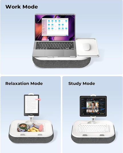 Viozon Kindle Pillow Stand Holder, Phone Holder for Bed, Laptop Lap Desk with Mouse Pad,Compatible with 4.7-13" Kindle/Tablet/Phone,10-15" Laptop, Snack Bowl&Cup Attachment&Detachable 360°Stand Arm