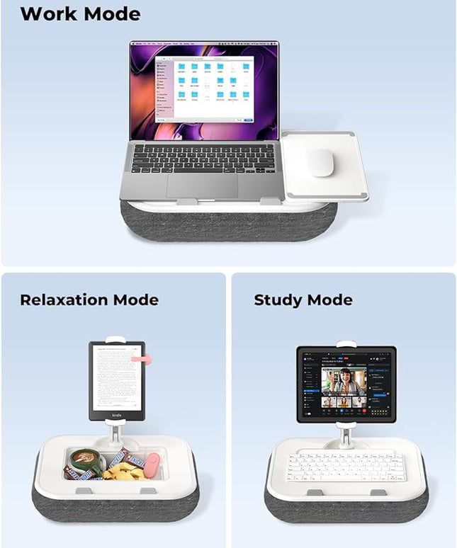 Viozon Kindle Pillow Stand Holder, Phone Holder for Bed, Laptop Lap Desk with Mouse Pad,Compatible with 4.7-13" Kindle/Tablet/Phone,10-15" Laptop, Snack Bowl&Cup Attachment&Detachable 360°Stand Arm