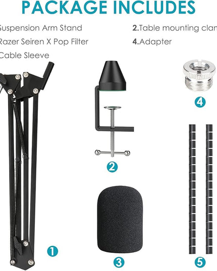 Microphone Stand for Razer Seiren X Adjustable Suspension Boom Scissor Arm Stand with 3/8"to 5/8" Screw Adapter Windscreen Pop Filter Cable Sleeve, Professional mic stand by YOUSHARES