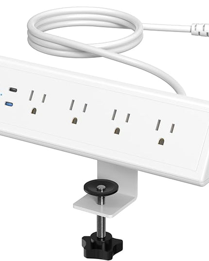 Jgstkcity Desk Clamp Power Strip,20W Fast Charging Station,Surge Protector Nightstand Edge Mount,1875W Extension Cord with Multiple Outlets,2 USB-C,2 USB-A,for Home Office (White, 10 FT)
