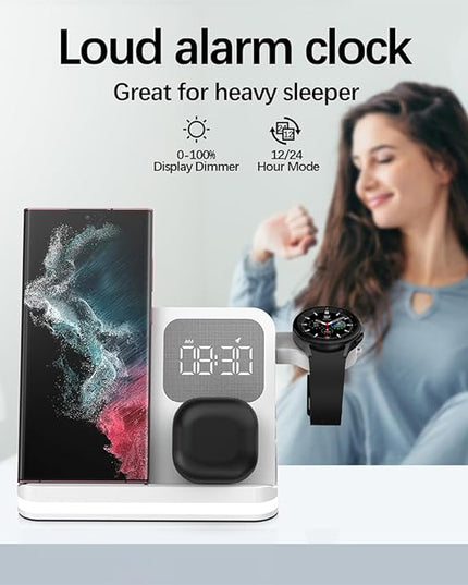 AYI 4in1 Multi Functional Wireless Charging Station with Digital Alarm Clock 15W Fast Charger Night Light Wireless Charger for All Qi Phone and Earbud Headphone Compliant with i-Watch-B22 White