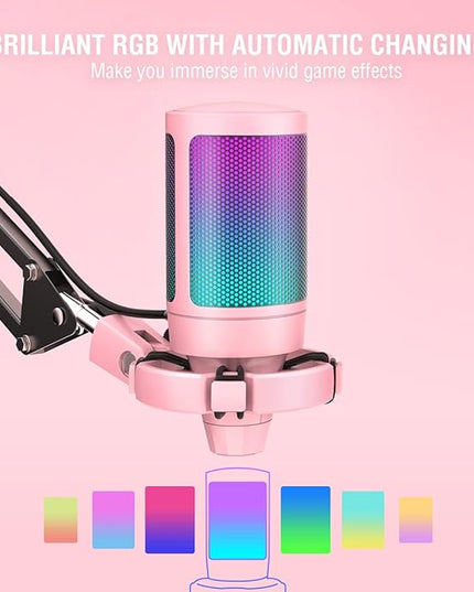 FIFINE Gaming USB Microphone Kit, PC Streaming Recording Computer RGB Microphone Set for Podcasting, Singing, YouTube, Condenser Cardioid Mic with Quick Mute, Gain Knob-A6T Pink