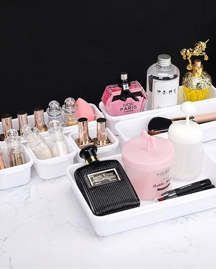 BOPART 25pcs Drawer Organizer Trays for Makeup Jewelries or Gadgets Storage Bins Interlocking for Office, Bedroom Dresser, Bathroom Vanity, Kitchen Junk Drawers Organization - White