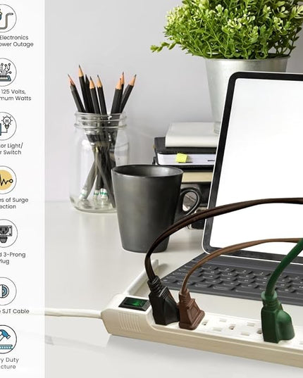 Go Green Power 6-Outlet Mini Surge Protector, 90 Joules, Circuit Breaker, Mountable, White – Ideal for Computers & Home Appliances