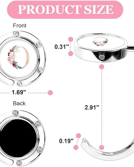 XSUIOY 3Pcs Personalized Initial Foldable Purse Hook for Table,Crushed Flower Letters Folding Purse Hanger,Purse Holder Handbag Hanger Collection Desk Table Bag Hooks Gifts for Women Bag(Pink-O)