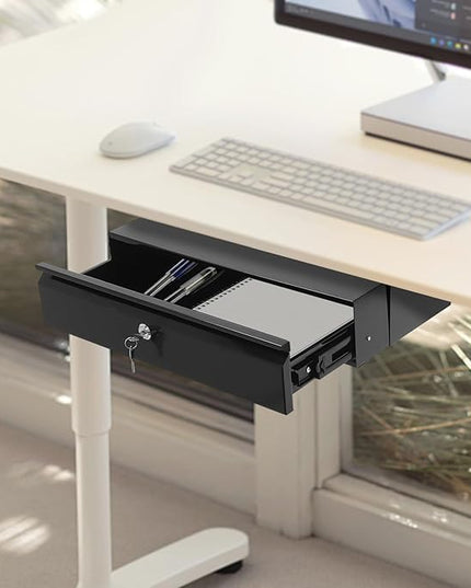 17.7" Under Desk Storage Drawer, Locking Design Black Sliding Pull-Out Drawer for Sit Stand Workstation
