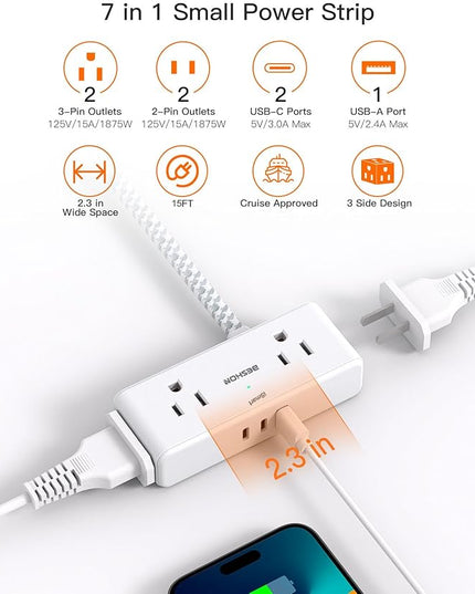 Extension Cord 15 ft, BESHON Flat Plug Power Strip, Long Power Strip, 4 Widely Outlets with 3 USB Ports (2 USB C), Extension Cord with Multiple Outlets for Home, Office, Dorm Room Essentials