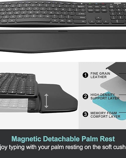 Arteck Bluetooth Keyboard Universal Wave Comfortable Keypad with Palm Rest Multi-Device Full Size Wireless Keyboard for Windows iOS iPad OS Android, Computer Desktop Laptop Surface Tablet Smartphone