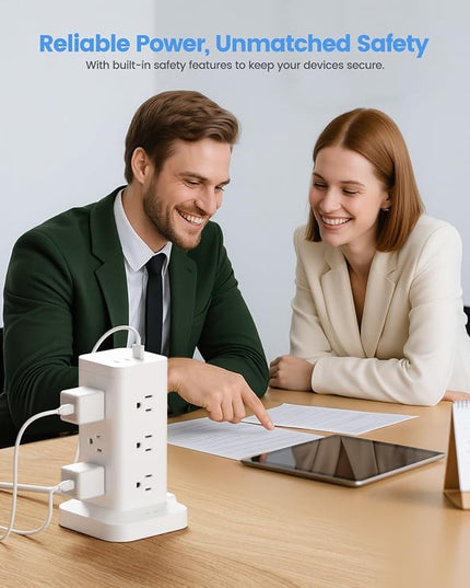 15-in-1 Power Strip Tower with Surge Protector 1800J, Fast Charging Tower PD20W USB-C Ports with 12 AC Outlets, 15ft Extension Cord for Home Office Dorm Room, White