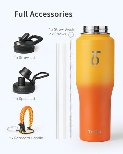 Trebo 32oz Insulated Water Bottle that Fits in Cup Holder, Stainless Steel Bottles Tumbler Double Wall Metal with Straw Spout Lids,Travel Flask with Paracord Handle, Sweat Proof Keep Cold &Hot,Orange