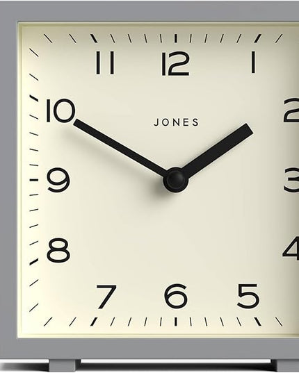 JONES CLOCKS® Disco Desk Clock | Sleek Square Design | Gray | Stylish and Easy to Read for Shelf, Table, Mantel or Bedside