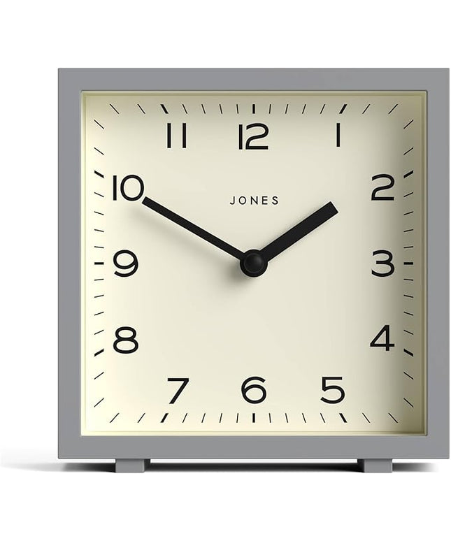 JONES CLOCKS® Disco Desk Clock | Sleek Square Design | Gray | Stylish and Easy to Read for Shelf, Table, Mantel or Bedside