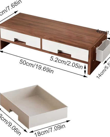 Desk Monitor Stand Riser - Double Drawer Organizer, Ergonomic Adjustable Shelf, Durable Wooden Desktop | Space-Saving Computer Accessory for Home Office Study and Bedroom Setup