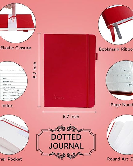 feela Dotted Journal Kit, Dot Grid Journal Hardcover Planner Notebook Set For Beginners Women Girls Note Taking with Journaling Supplies Stencils Stickers Pens Accessories, A5, 224 Pages, Red