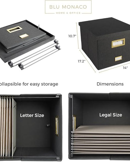 BLU MONACO Grey Linen Hanging File Box with Lid | Portable Paper Organizer Storage for Letter & Legal Folders | Collapsible MDF File Storage with Gold Handles and Label Holder