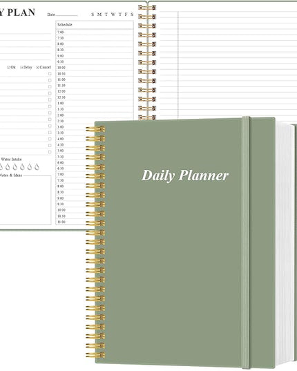 Daily Planner Undated - A4 To Do List Notebook Hourly Schedules, Spiral Appointment Planner for Women and Men,PVC Hardcover, Inner Pocket, Elastic Closure, 8.5" x 11", Green