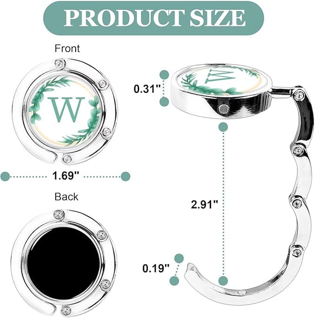 XSUIOY 3Pcs Personalized Initial Foldable Purse Hook for Table,Crushed Flower Letters Folding Purse Hanger,Purse Holder Handbag Hanger Collection Desk Table Bag Hooks Gifts for Women Bag(Green-W)